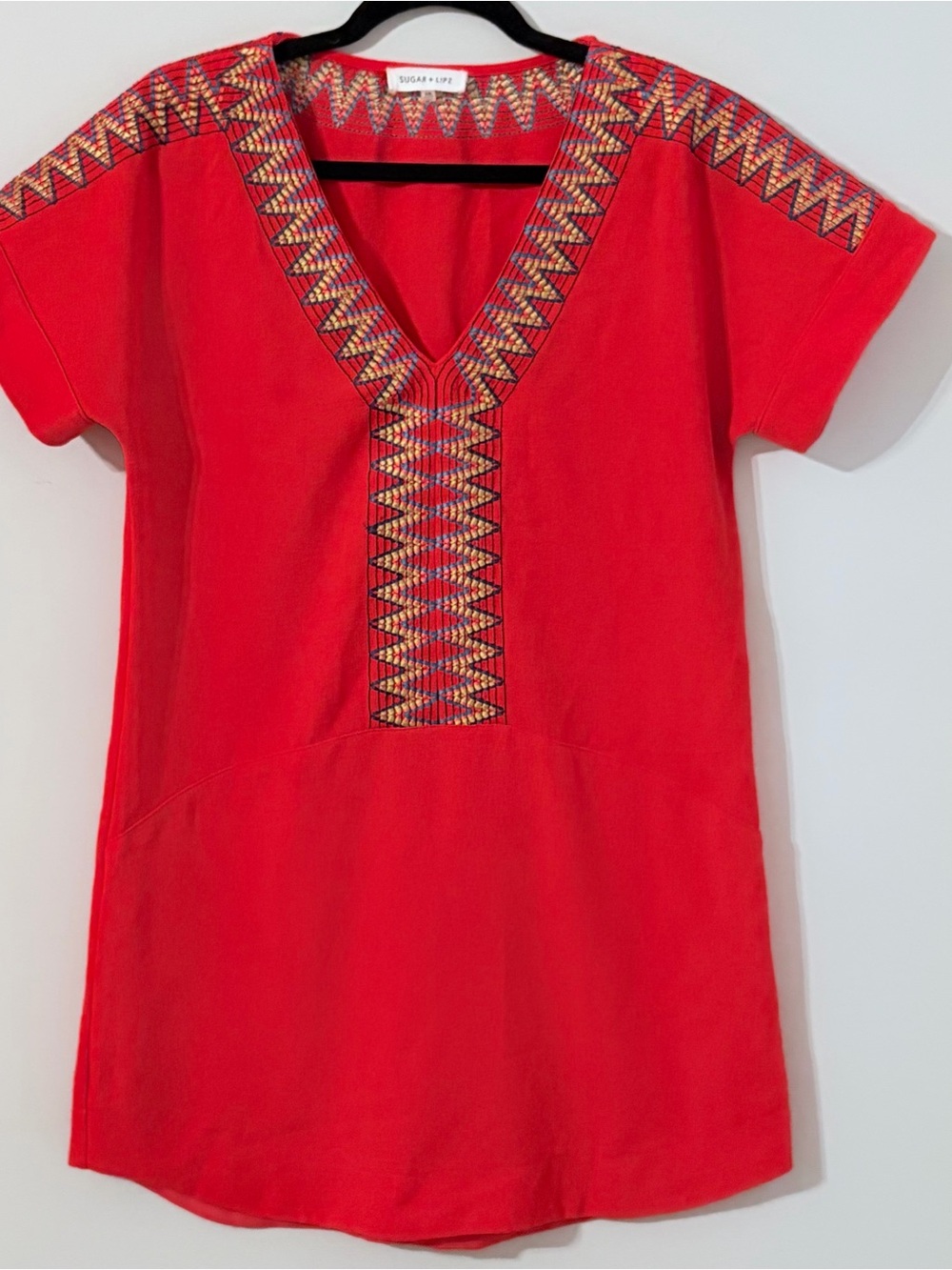 Red Embroidered V-neck Bohemian Shift Dress Summer Festival‎ Resort XS Casual